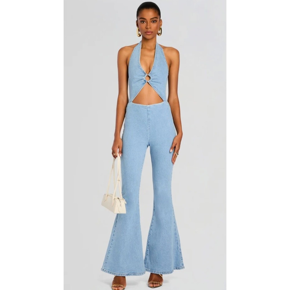 Retrofete Kairi Denim Halter Flare Jumpsuit in Mercer Light Wash Blue sz L